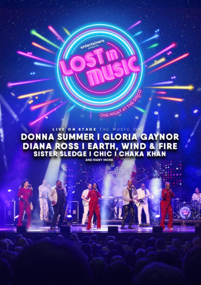 Singers performing on stage wearing white, red and black outfits. Pink text above reads Lost in Music