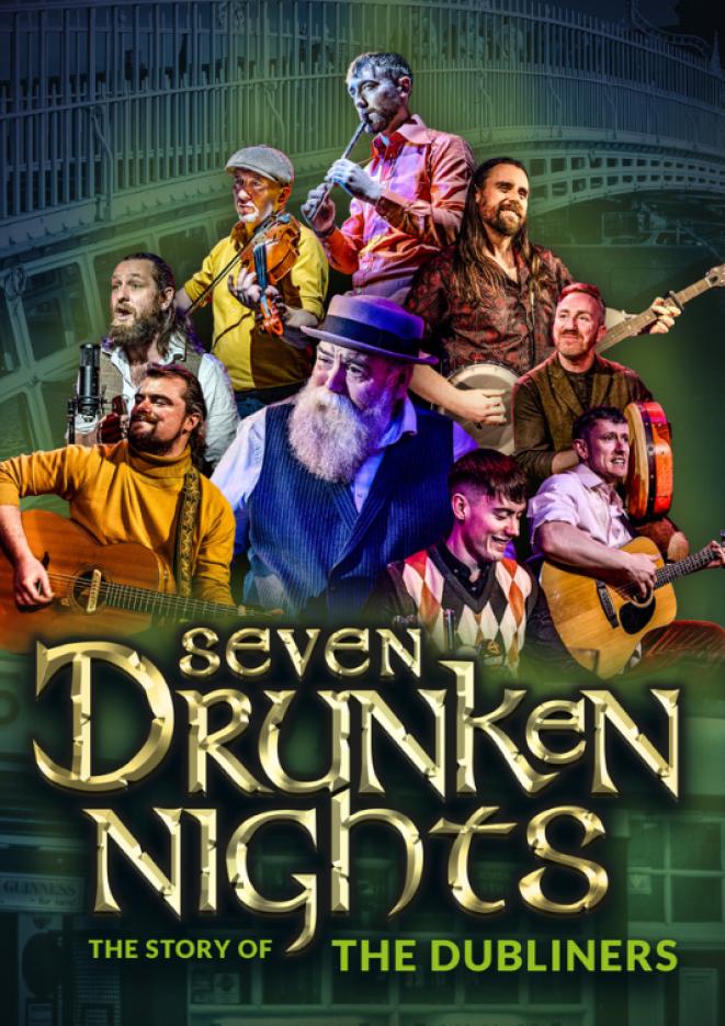 A collage with a group of musicians playing various images against a green background. Gold text below reads Seven Drunken Nights.