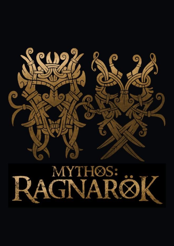 Graphics of gold faces and text that reads Mythos Ragnarok against a plain black background.
