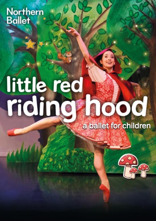 A ballet dancer in a red and white dress, dancing against a background of painted trees.