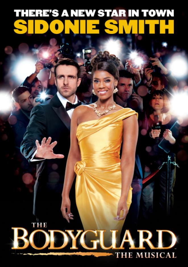 A woman wearing a tight, gold dress stands in the center with a man next to her and a group of paparazzi in the background. At the bottom, text reads The Bodyguard.