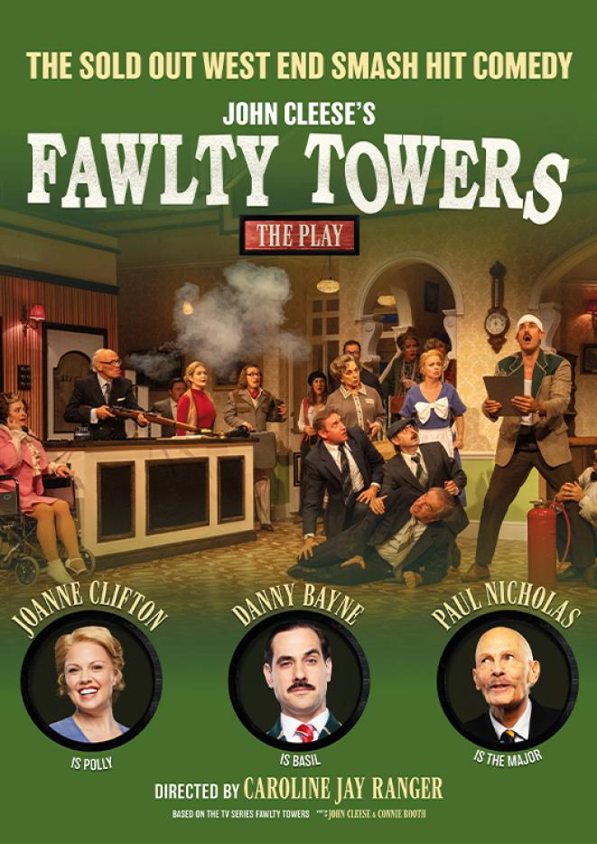 A green background with image from the set of Fawlty Towers and three actors headshots at the bottom of the image.