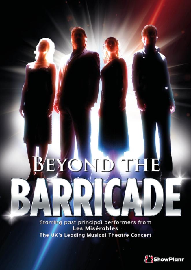 Silhouettes of four figures against a red and black background, with white text below that reads Beyond The Barricade.