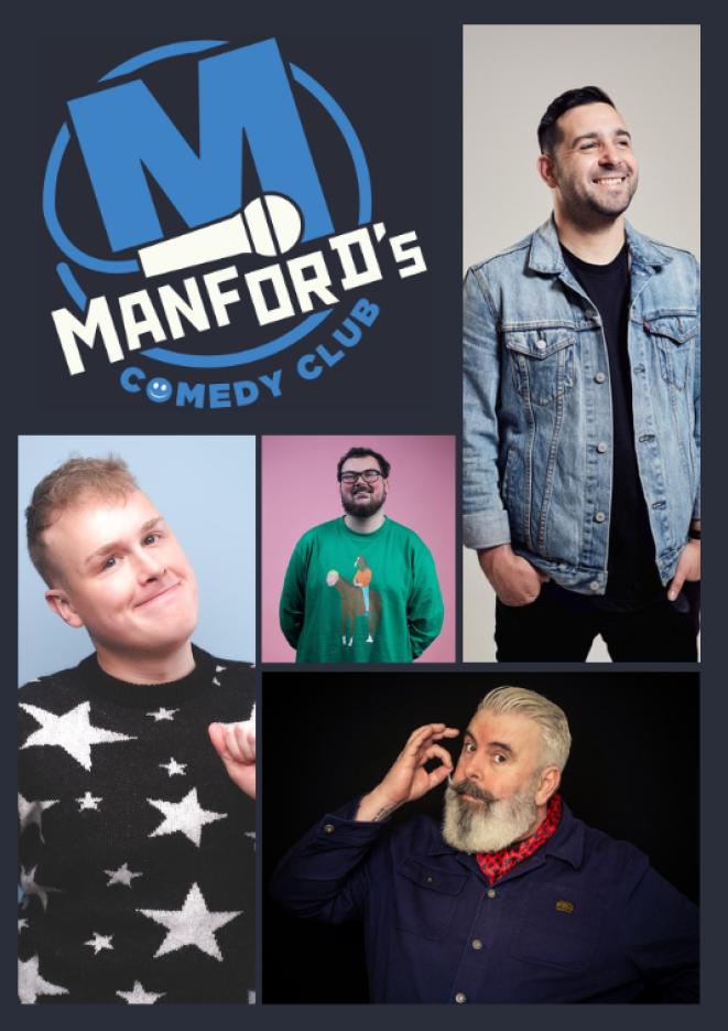 A collage of four comedians against a dark grey background, with a logo in the top left corner that reads Manford's Comedy Club.