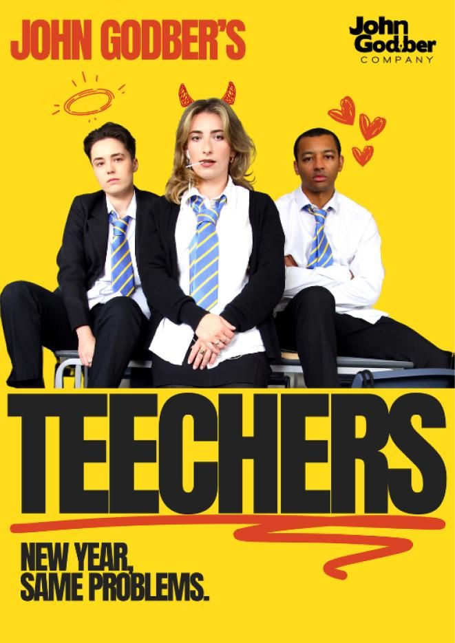 A yellow background with three people in school uniforms and black text underneath that reads Teechers.