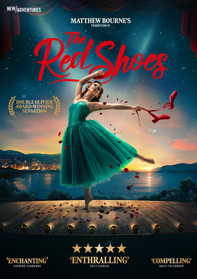 A female dancer in the centre of the image wearing a green dress, against a background of water and a sunset. Text above reads The Red Shoes.