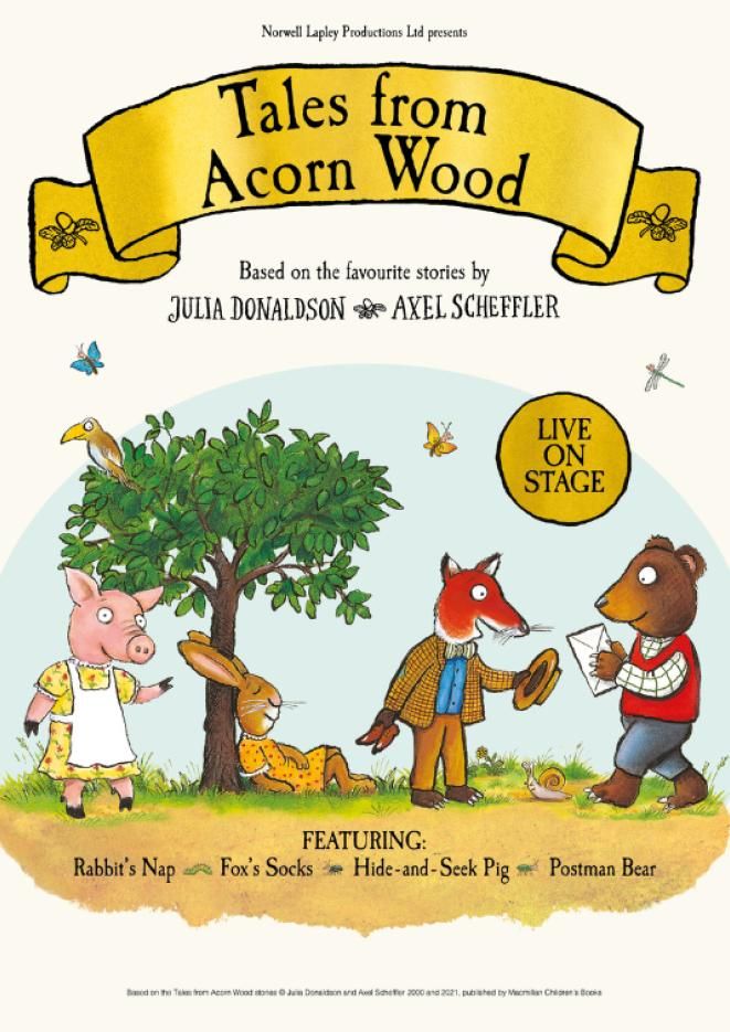 Drawings of a fox, rabbit and pig with text above that reads Tales From Acorn Wood.