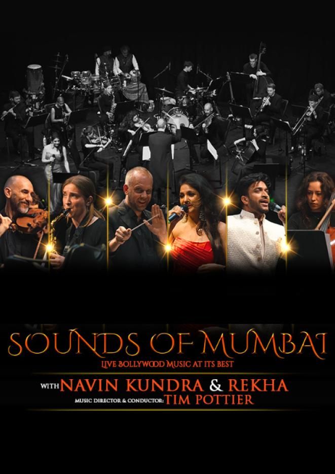 A black background with a photo of an orchestra and orange text below that reads Sounds of Mumbai