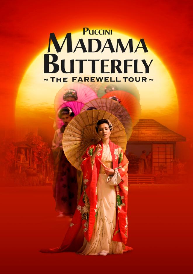 A japanese woman stood in the centre of a red background, holding a parasol behind her. Text above reads Madama Butterfly.
