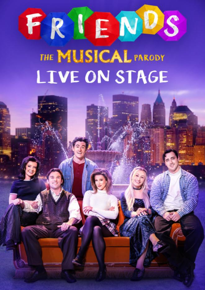 Six people sat on a sofa in front of a fountain with text above that reads Friends The Musical.
