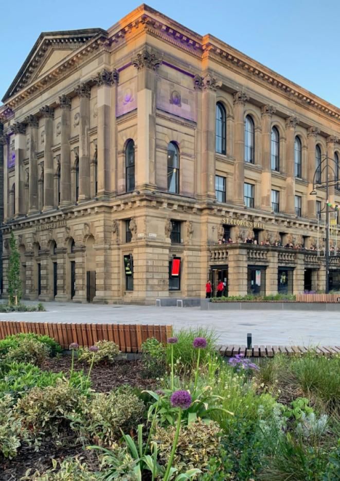 An exterior image of St George's Concert Hall on a sunny day.