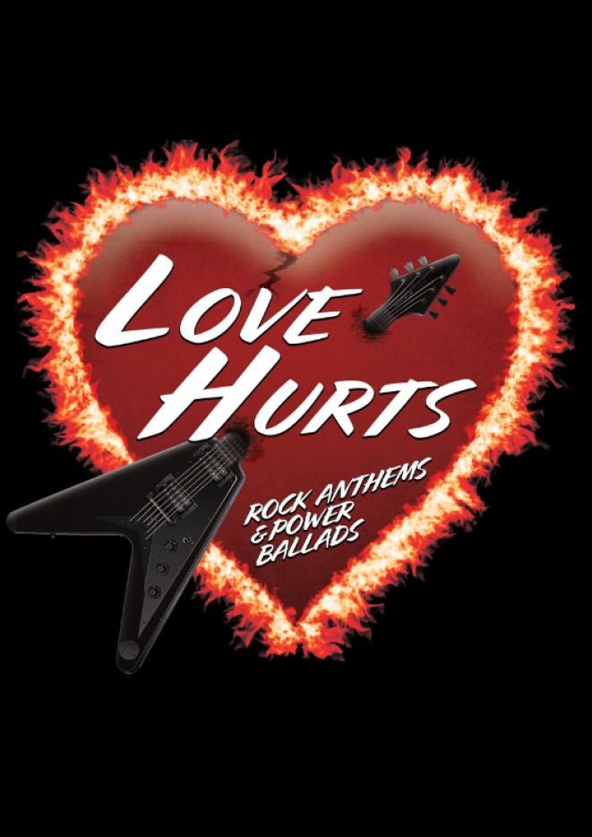 A red heart with flames around it with text that reads Love Hurts, and a guitar going through the middle.