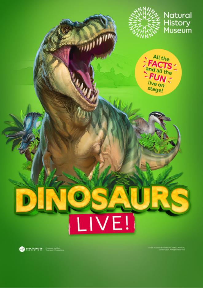 A graphic of a T-Rex against a bright green background with text at the bottom that reads Dinosaurs Live!