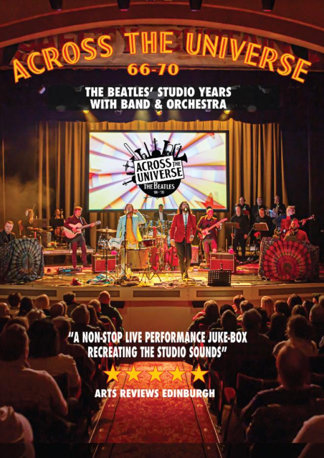 A theatre with musicians on stage in vibrant clothes, text above reads Across The Universe 66-70.