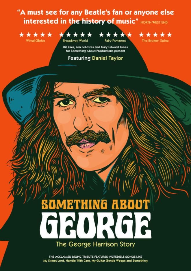 A graphic portrait of George Harrison against a bright orange background, text below reads Something About George.