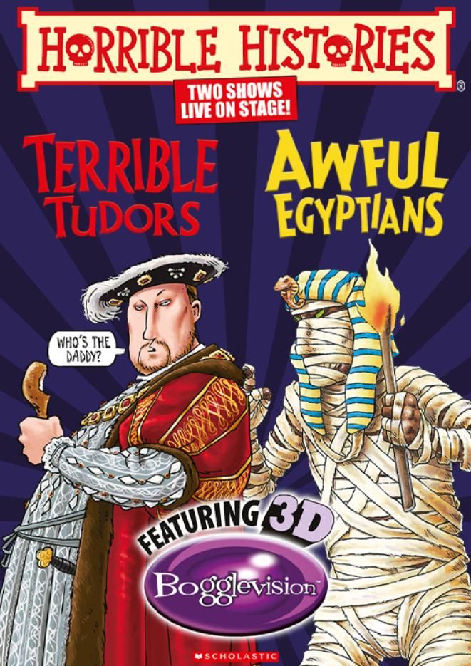 Illustrations of Henry 8th and an Egyptian Mummy with text above that reads Horrible Histories.