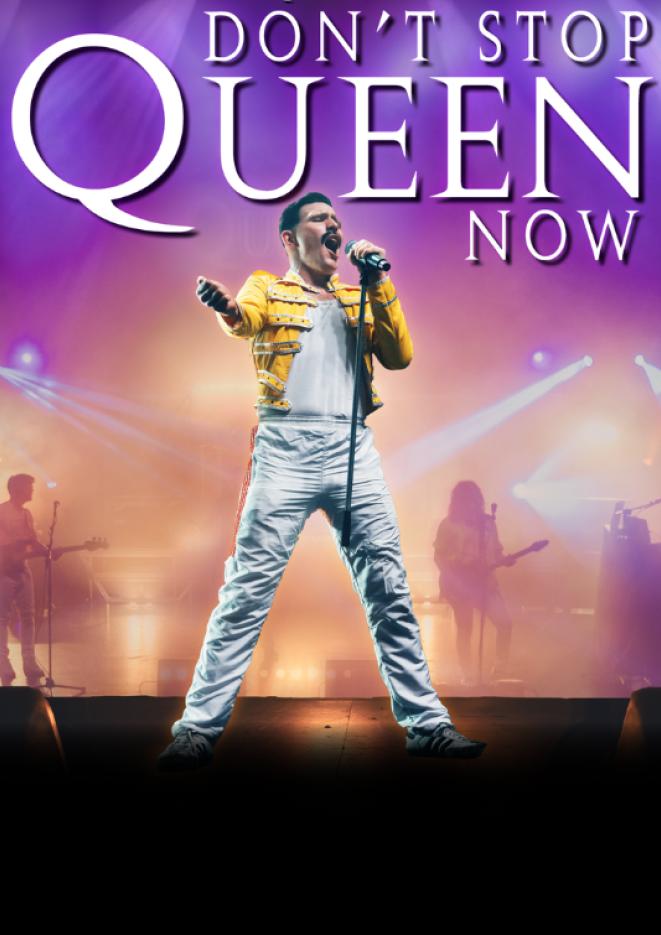 Purple and pink artwork with a Freddy Mercury tribute in the centre of the image with text at the top that reads Don't Stop Queen Now.