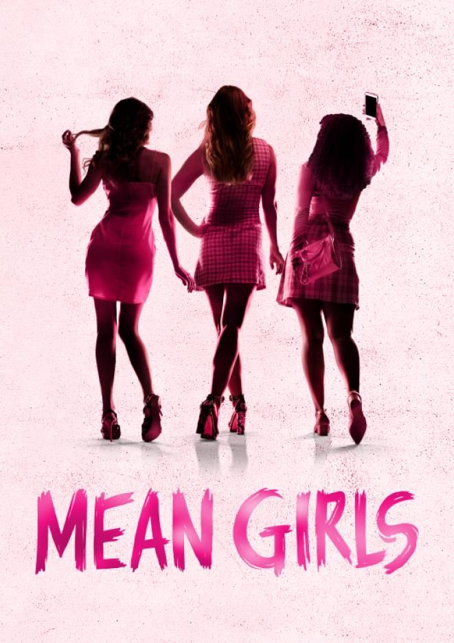 Three women in short pink dresses stand against a plain pink background with pink text below that reads Mean Girls.
