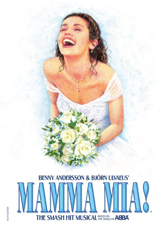 A woman wearing a white wedding dress looks up, against a white background. Blue text below reads Mamma Mia.