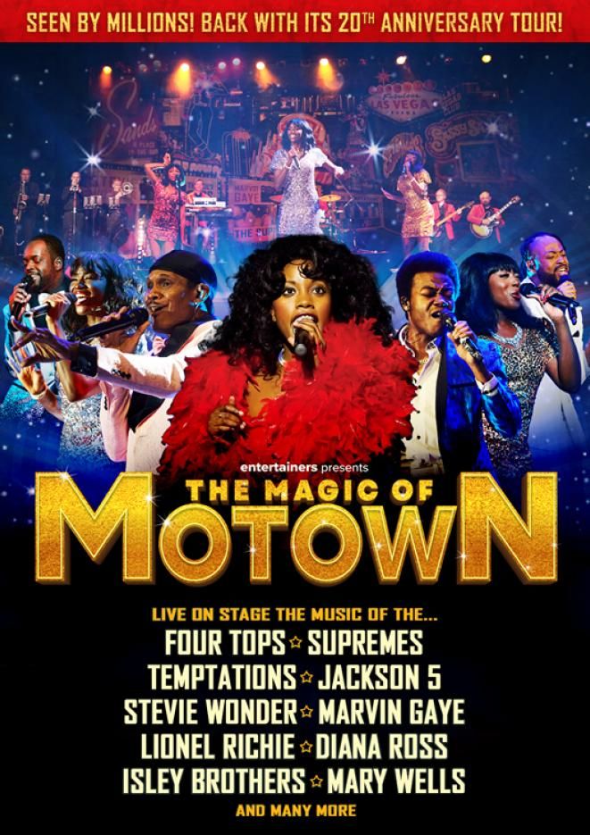 A collage of musicians singing and playing instruments on stage with gold text below that reads The Magic of Motown.