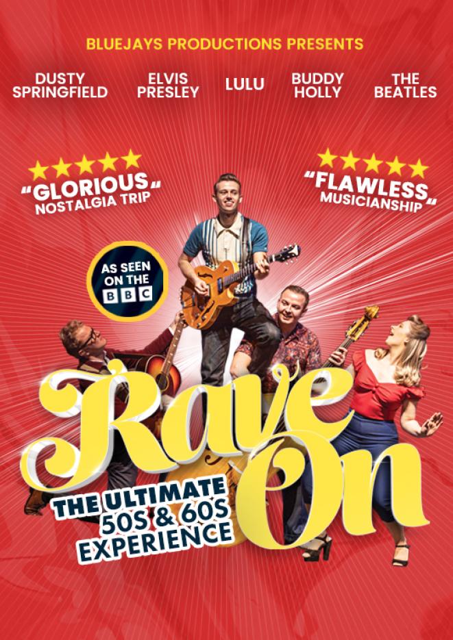 Red poster artwork with a group of musicians playing different instruments with yellow text that reads Rave On.