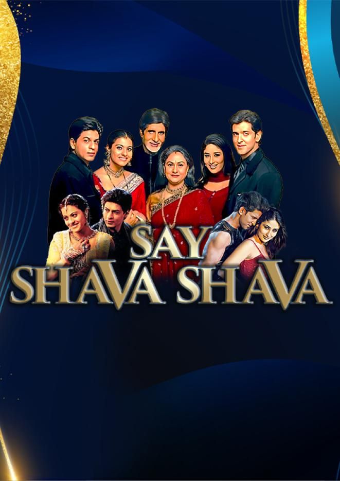 A dark blue background with a collage of 10 Bollywood entertainers with text below that reads Say Shava Shava