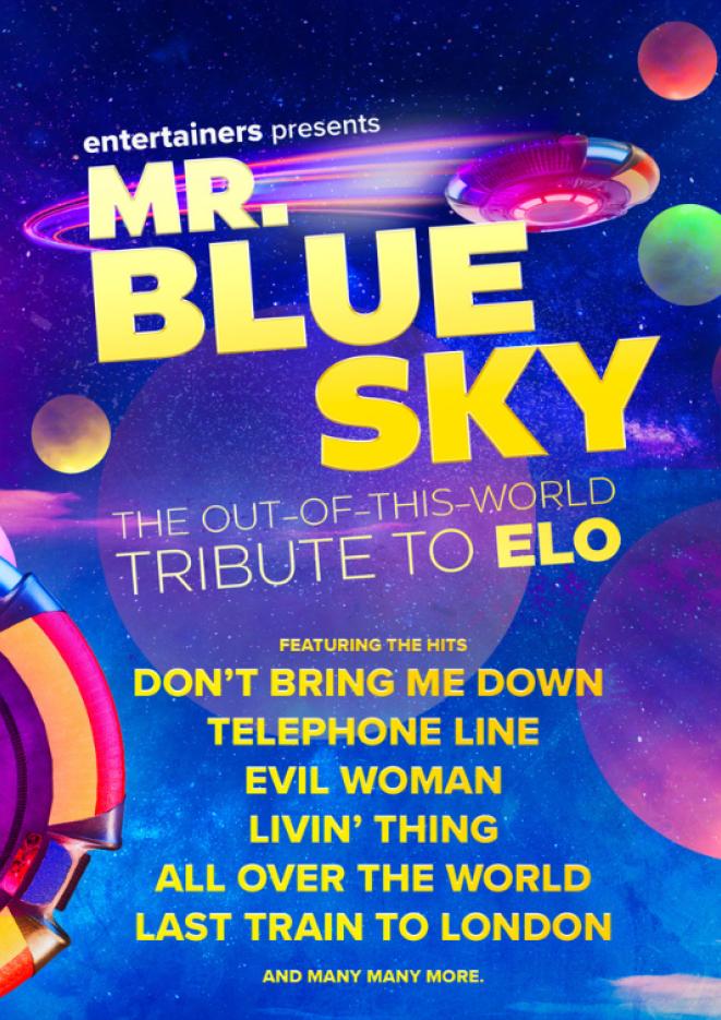 A blue background with graphics of planets and yellow text that reads Mr Blue Sky.