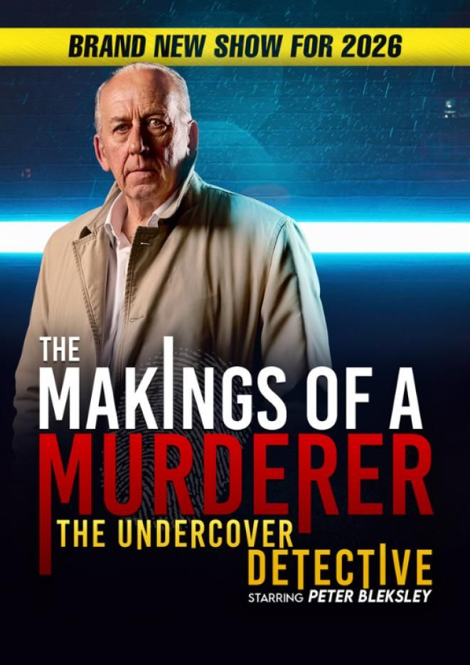 Image of detective Peter Bleksley stood against a dark background with text that reads Makings of a Murderer.