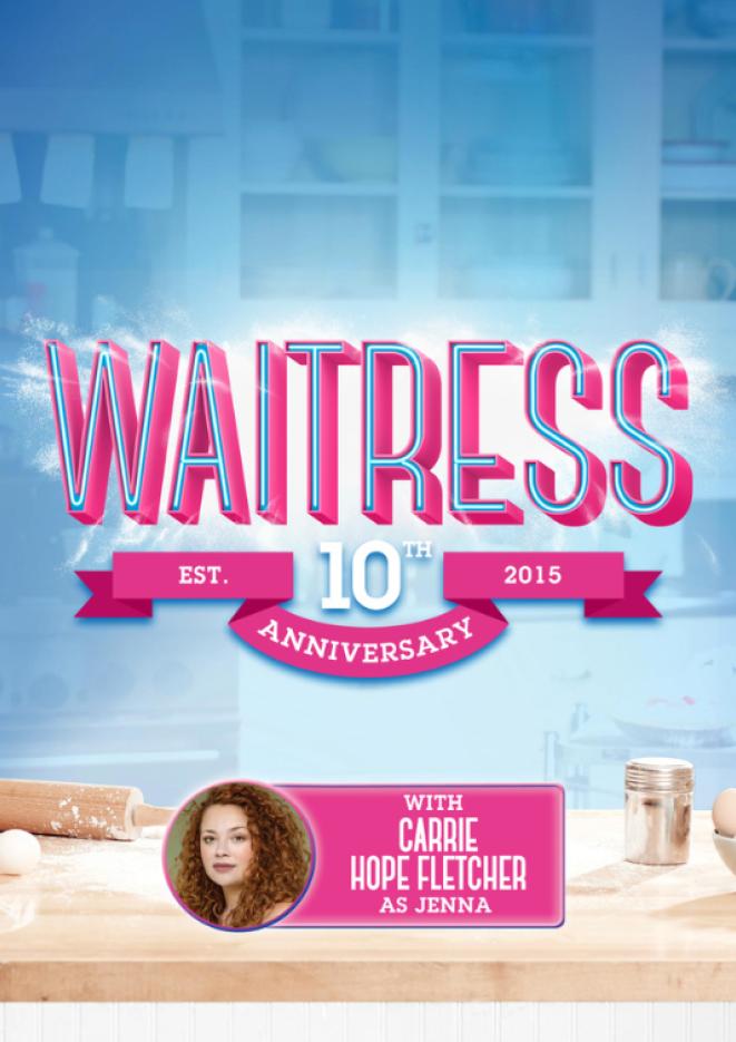 A photo of a kitchen scene with a blue background. Pink and Blue text reads Waitress.