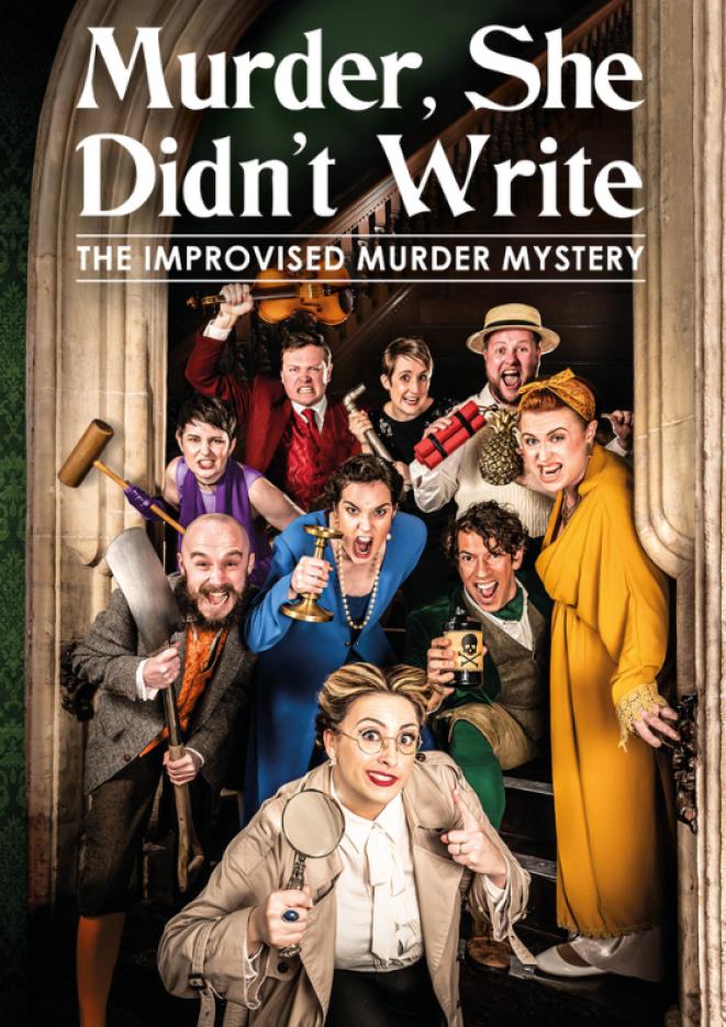 A group of people all wearing bright outfits, spilling out of a doorway. White text above reads Murder, She Didn't Write.