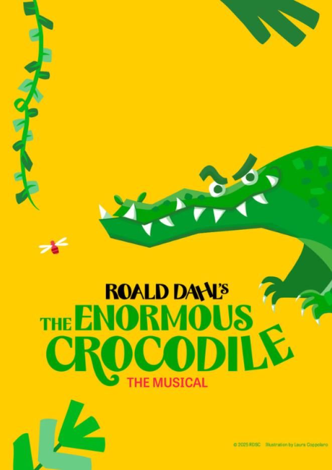 Graphic of a green crocodile with leaves around it against a yellow background, green text reads The Enormous Crocodile.