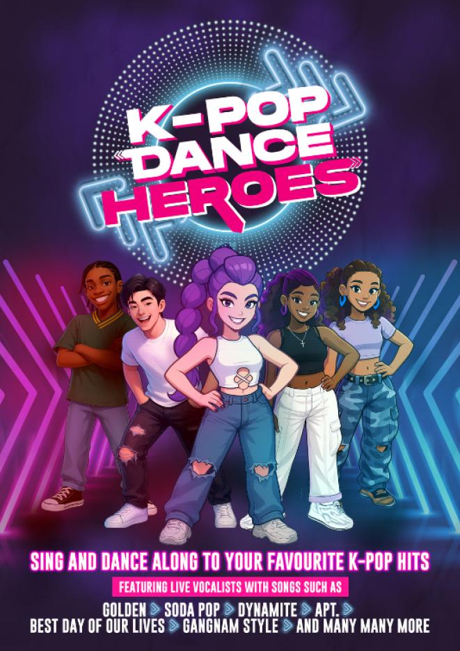 Pink and blue artwork with five animated characters and white text above that reads K-Pop Dance Heroes. 