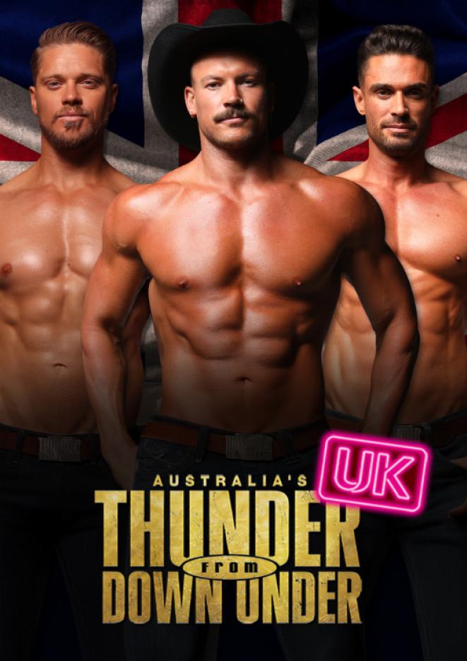 Three shirtless men stand against a background, gold text below reads Thunder From Down Under.