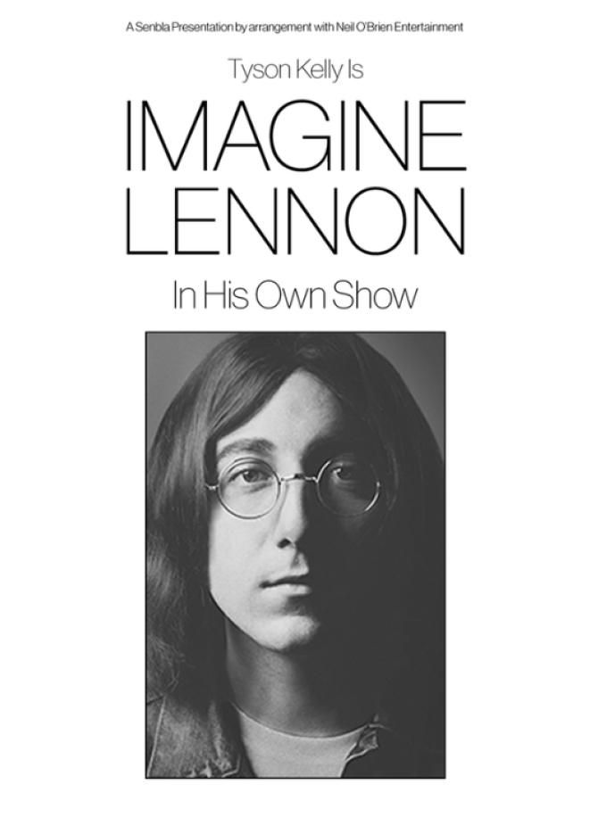 A black and white photo of a John Lennon tribute act with text above that reads Imagine Lennon.