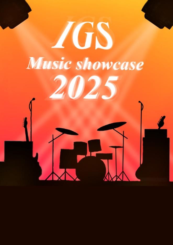 A pink and orange background with silhouette of musical instruments.