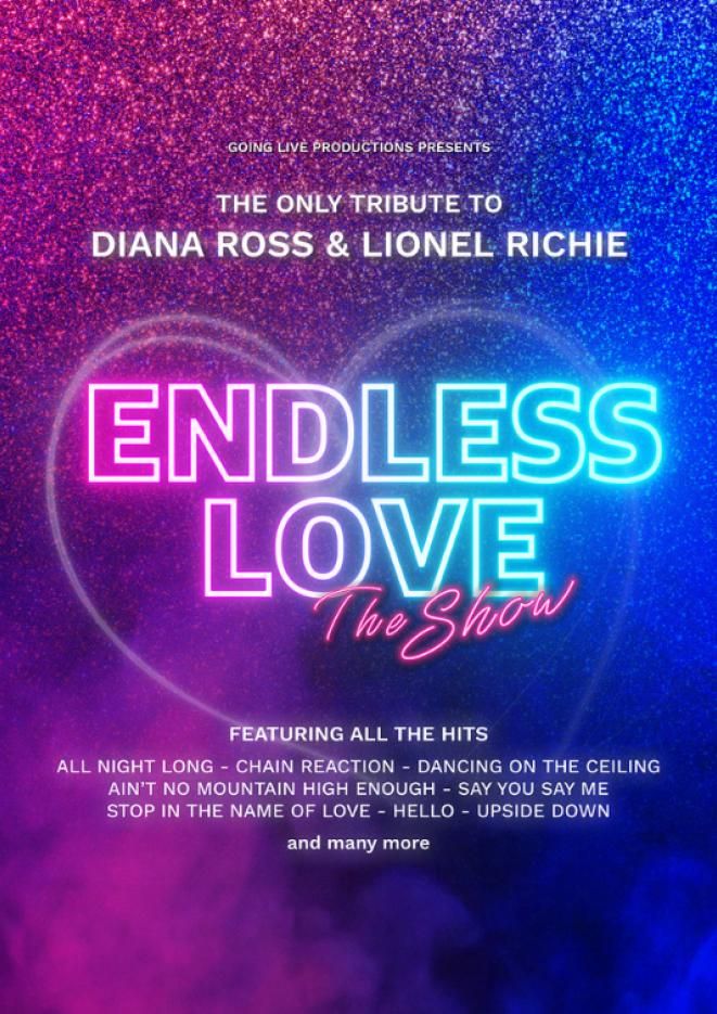 A pink and blue background with smoke and glitter. Neon text over the top reads Endless Love.