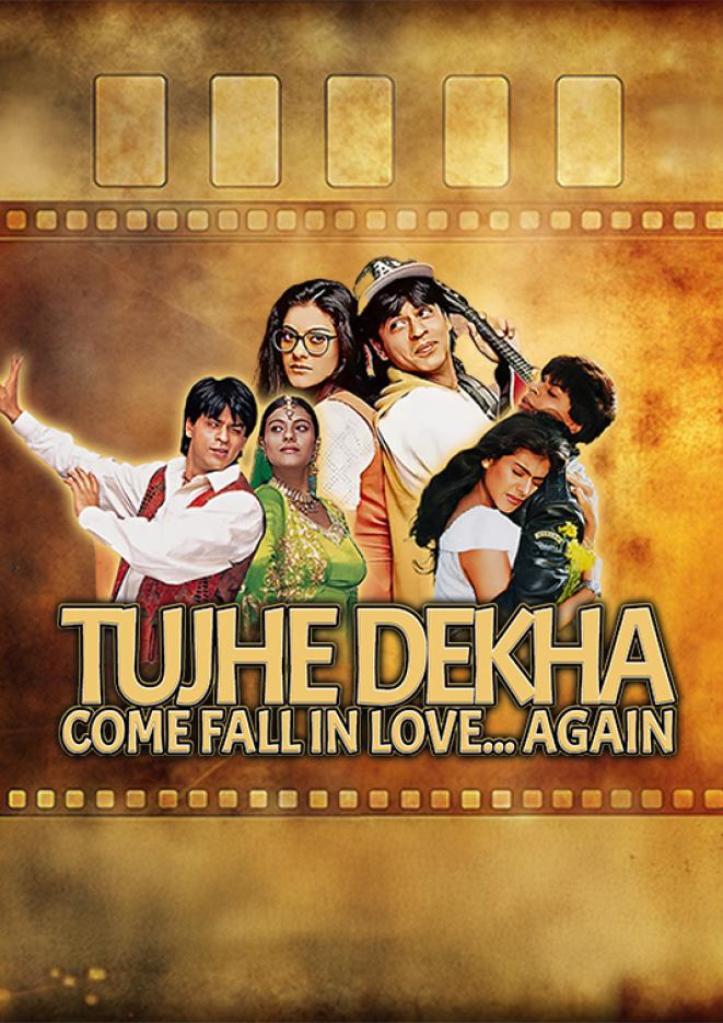 Gold artwork in the style of a strip of film, with six characters in the centre and text below that reads Tujhe Dekha.