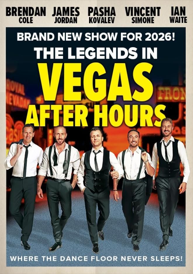 Five male Strictly Come Dancing Professionals in suits walk forward toward the camera with text above that reads Vegas After Hours.