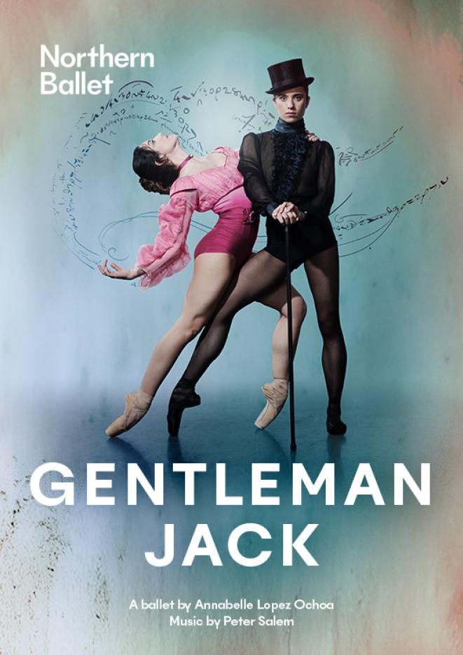 Two ballet performers in the centre of the image, one wearing a pink leotard and the other in a black leotard with tophat.