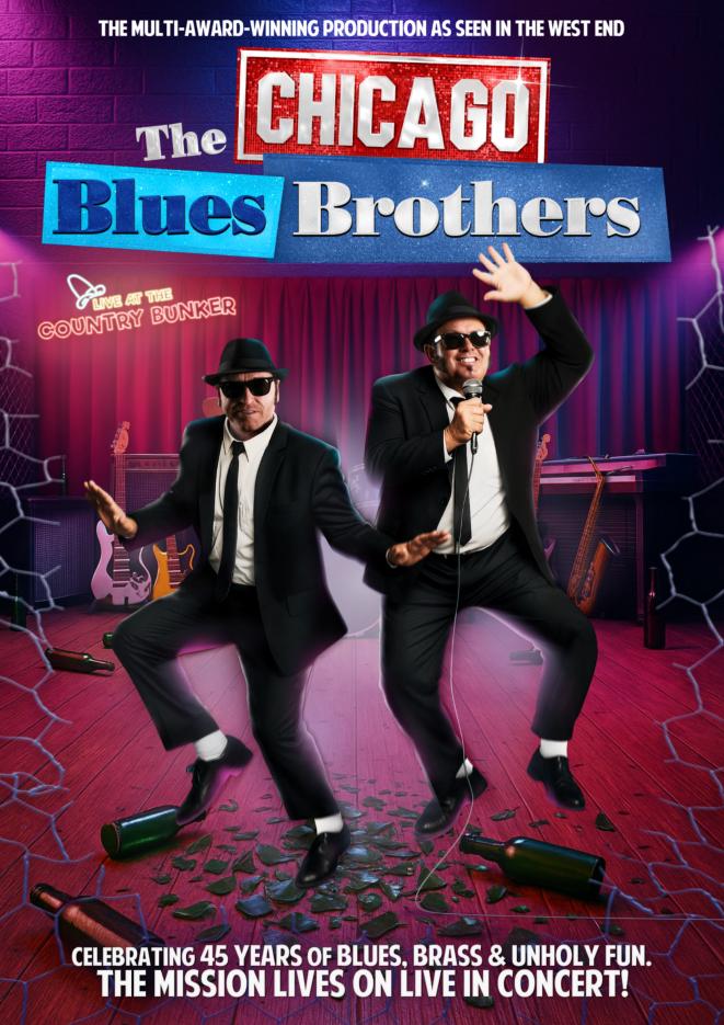 Two men in black suits stand against a red background, text above reads The Chicago Blues Brothers.