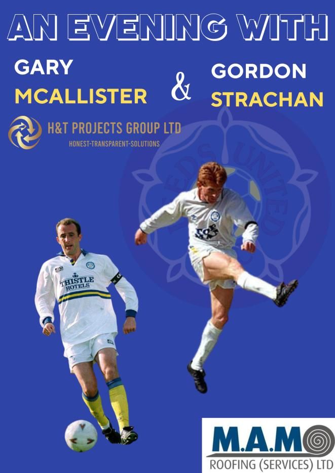 Footballers Gary McAllister and Gordon Strachan stand against a blue background.