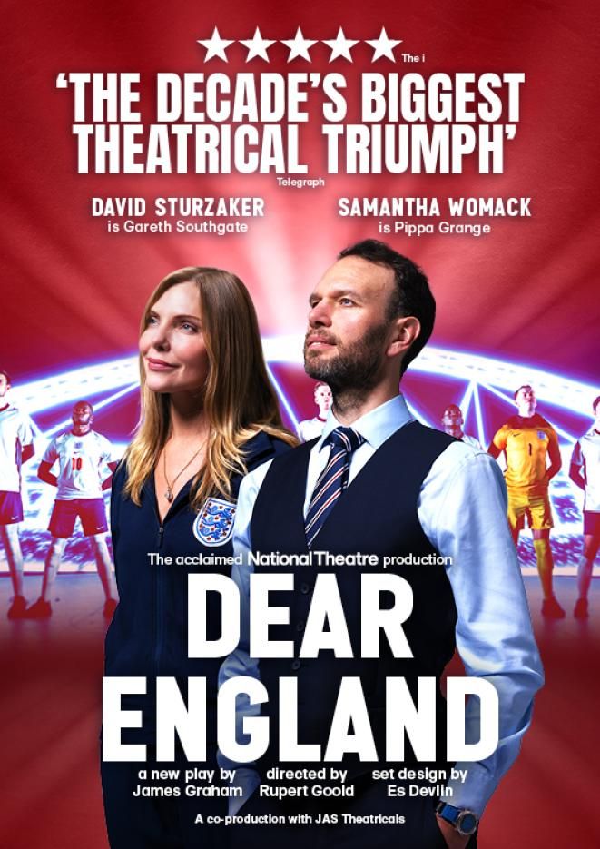 Two actors stand in the centre of the image looking off to the left against a red background. White text below reads Dear England.