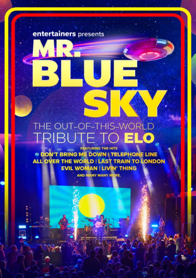 Gold text against a blue/purple background, with a UFO at the top and a concert audience at the bottom.