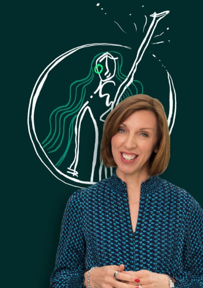 Dr Louise Newson stands against a green background with a graphic of a woman with her arm in the air.