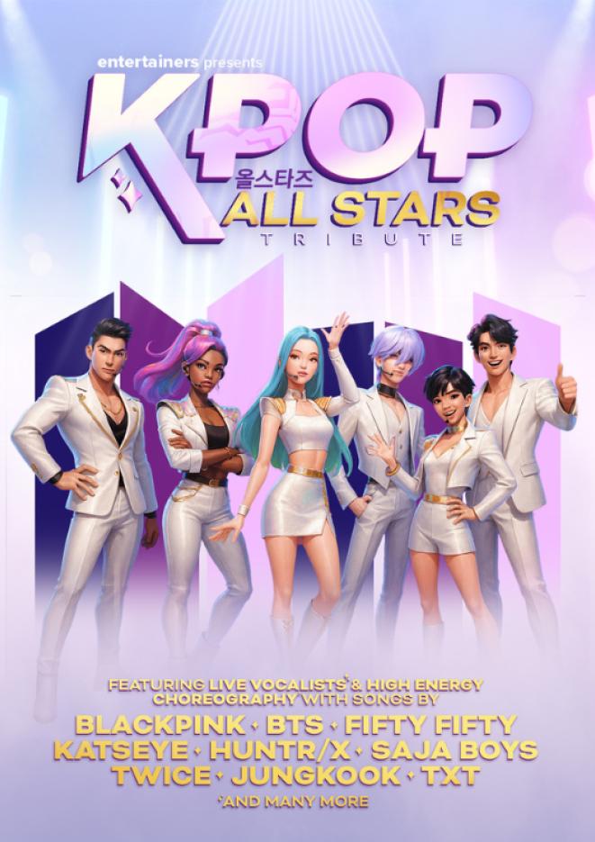 Graphics of K-Pop singers wearing white outfits, stood against a purple and pink background.