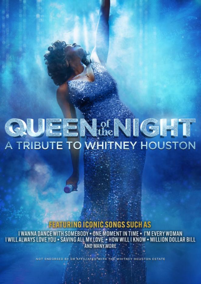 A Whitney Houston tribute artist stands in the centre of the image raising her arm in the air against a blue background.