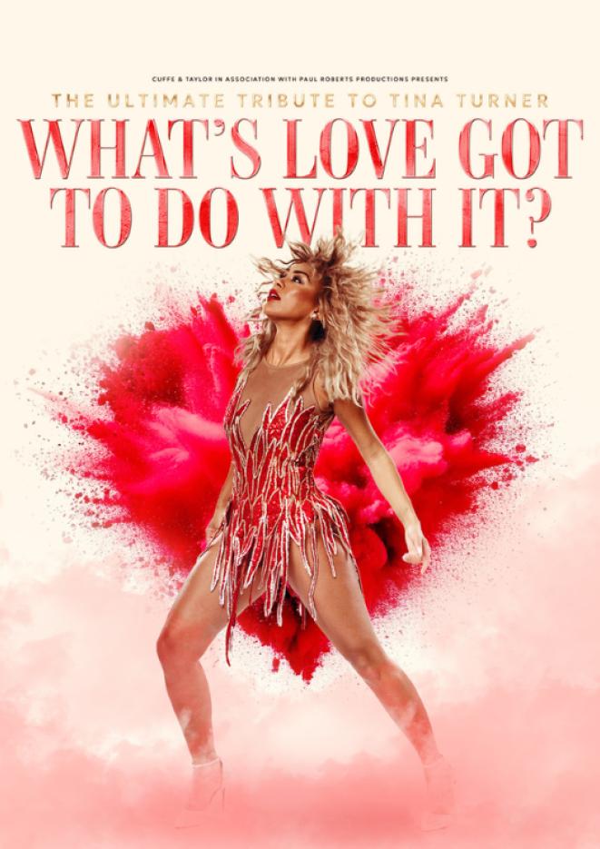 A Tina Turner tribute artist stood in the centre of the image looking up to the left with a red heart behind her.