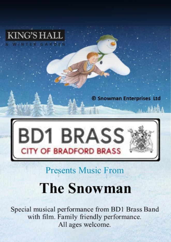 Artwork of The Snowman christmas film with a BD1 Brass band logo beneath and text that reads Music from The Snowman.