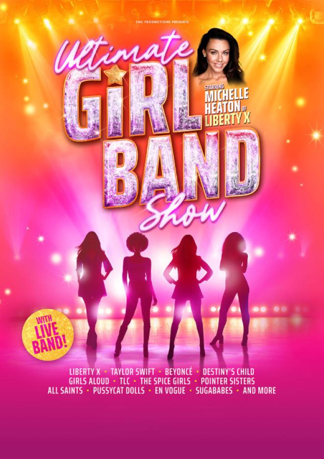 Orange and pink background with text that reads Ultimate Girl Band Show and four female silhouettes below.