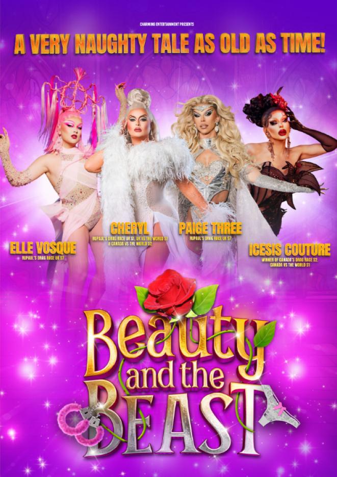 A pink and purple background with four drag queens and text below that reads Beauty & The Beast.